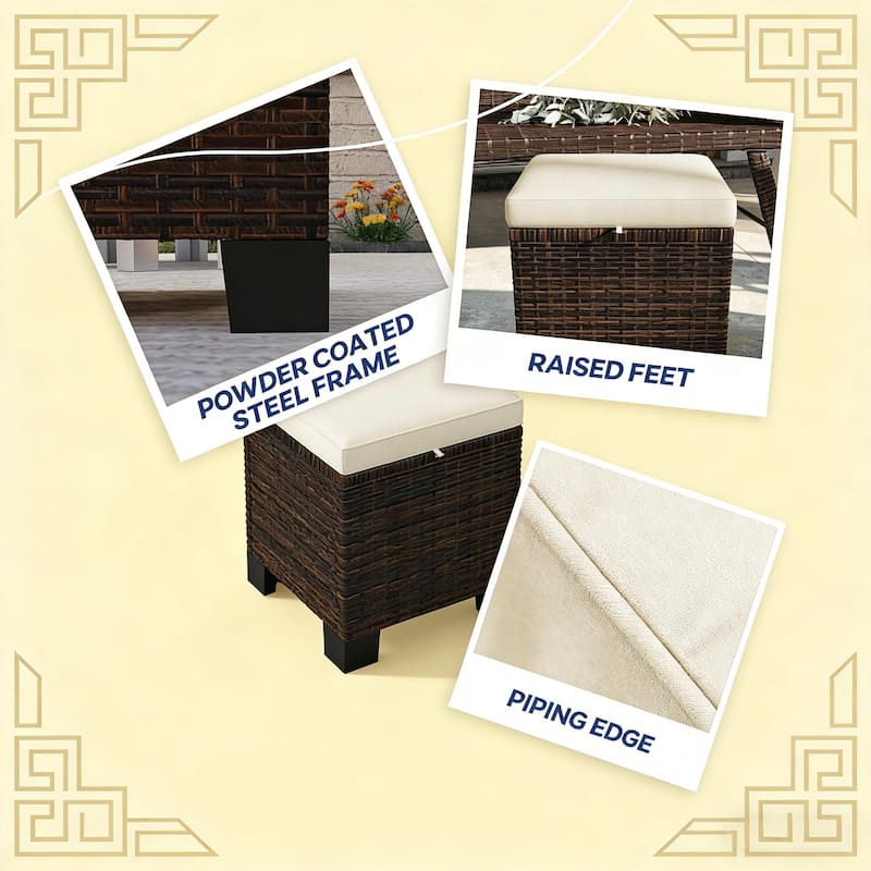 GDFStudio - Outdoor Wicker Ottoman Cubes with Cushions and Steel Frame ( Set of 2 )