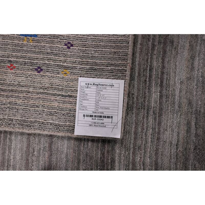 Gray & Green Striped Gabbeh Oriental Area Rug Handmade Silk Carpet - 5'2" x 7'10"