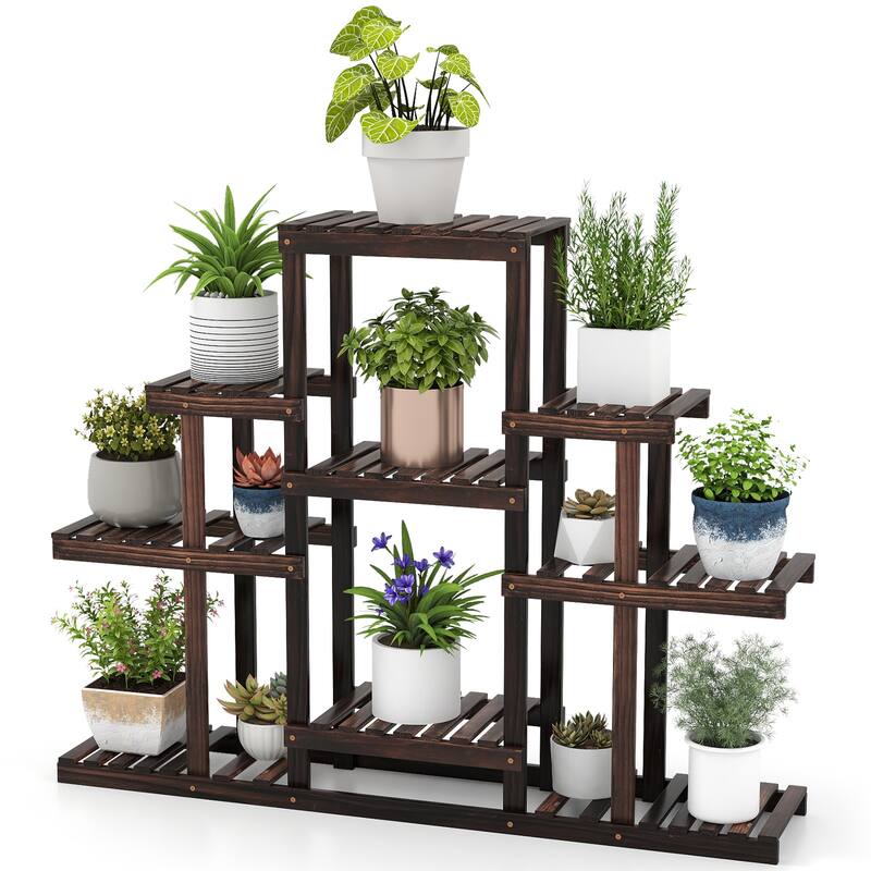 Brown Pine Wood 6-Tier Plant Stand with 9 Shelves for Indoor and Outdoor - 47" x 10" x 38"