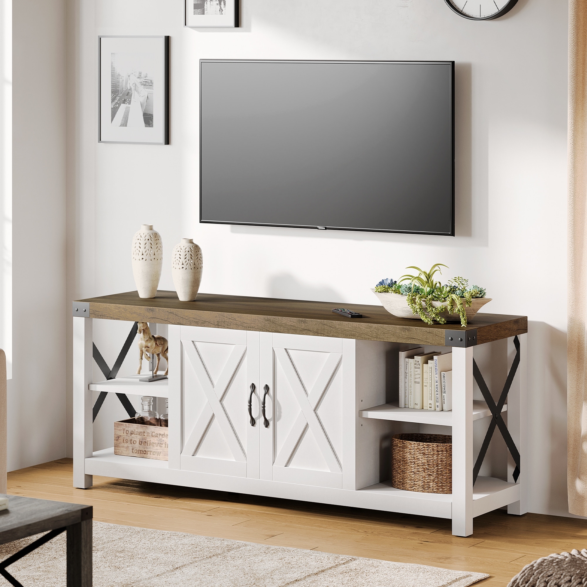 59 Inch TV Stand for TV up to 50 60 65 Inches Farmhouse Wood TV