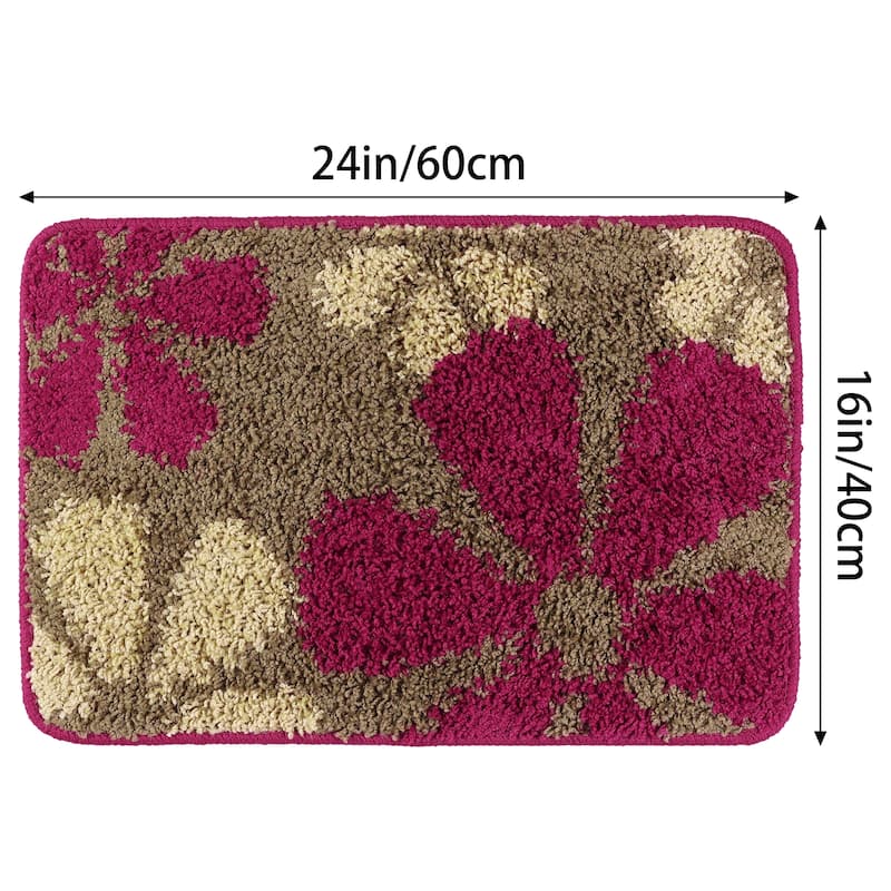 Floral Bath Mat, Plush Shaggy Bathroom Rug, Checked Washable Bath Carpet for Bathroom Floor, Tub and Shower Room