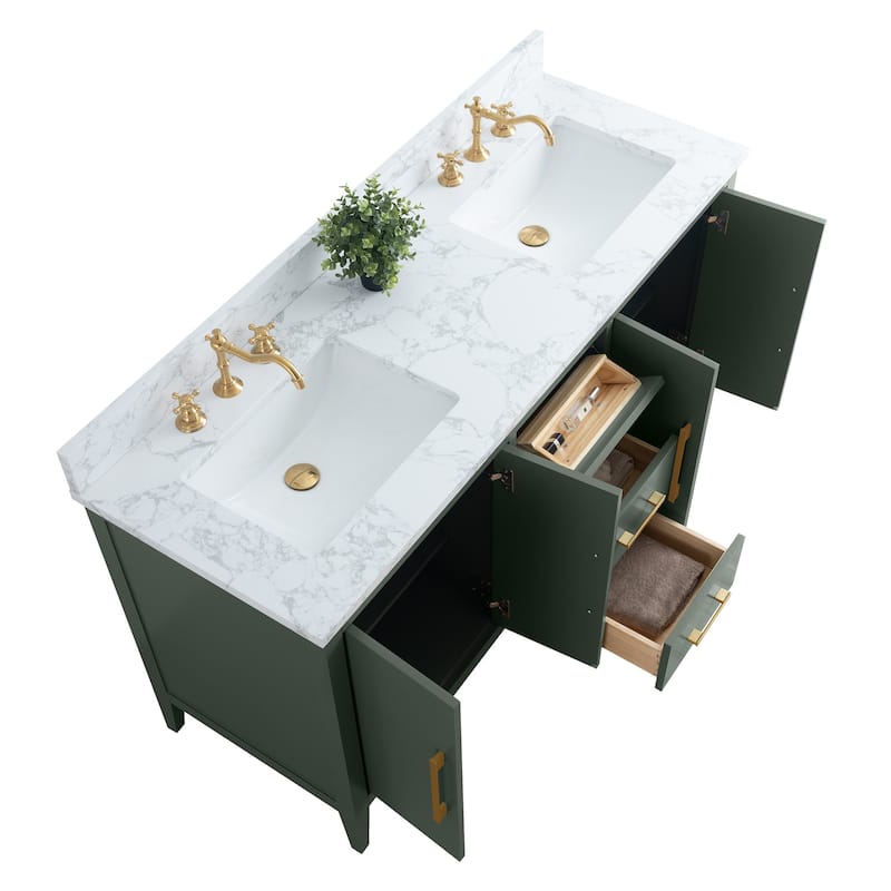 Vanity Art 60" Double Sink Bathroom Vanity Cabinet with Engineered Marble Top