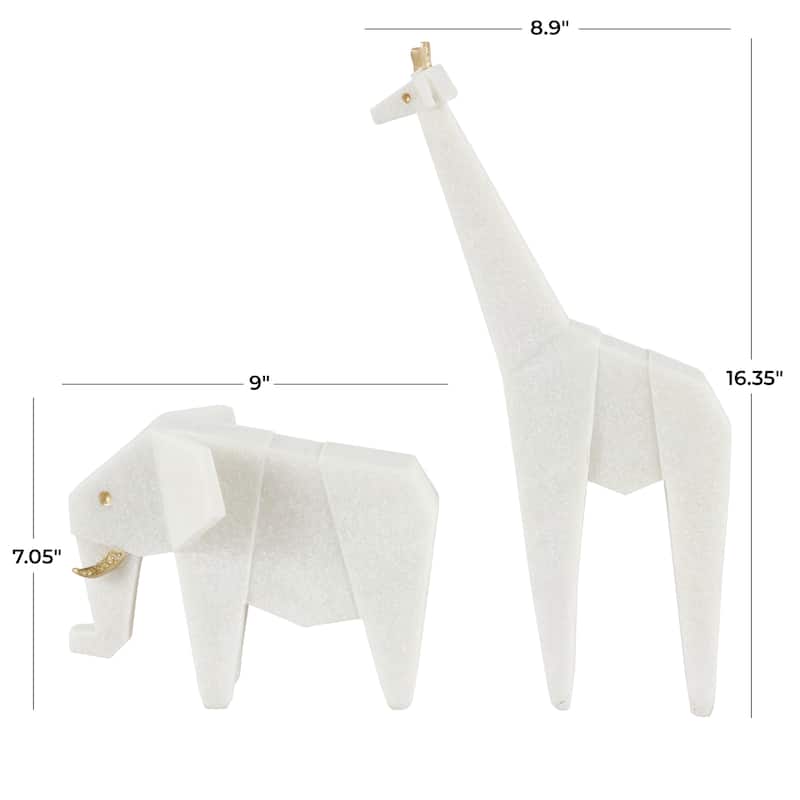 Polystone Elephant, Giraffe Cubist Inspired Sculpture with Gold Accents - Set of 2 White - Roche River Decor - 6"W x 9"L x 7"H