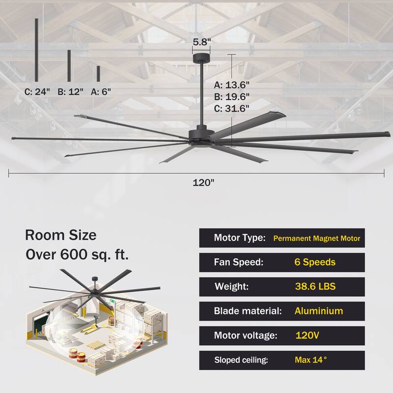 72"/84"/96"/120"/144" Extra Larger HVLS Commercial Ceiling Fan with Remote and Aluminum Blades