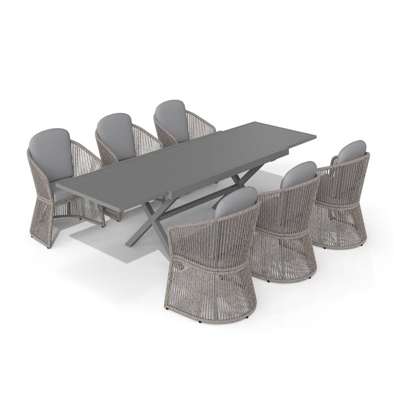 Expandable Aluminum Outdoor Dining Set with 6 PE Wicker Chairs