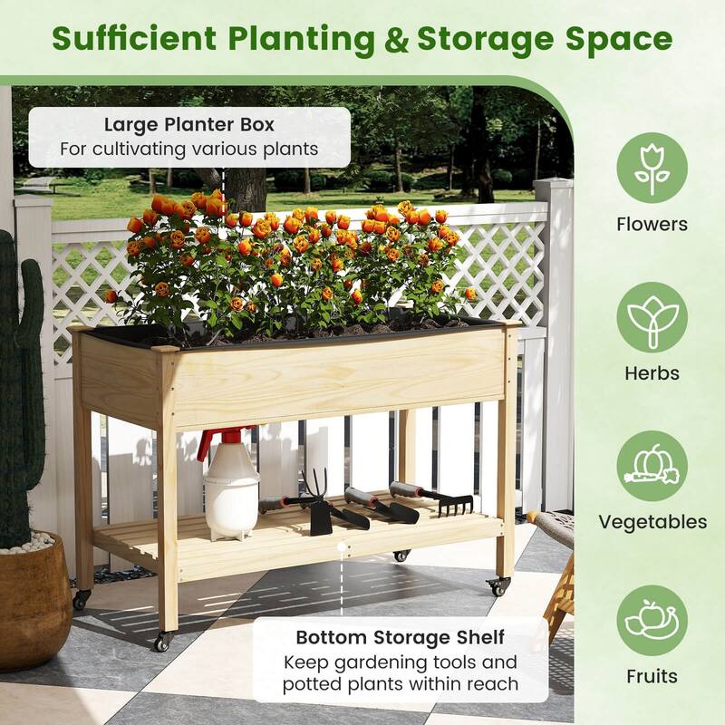 Costway 1/2 PCS Wooden Raised Garden Bed with Legs, Lockable Wheels, - Natural