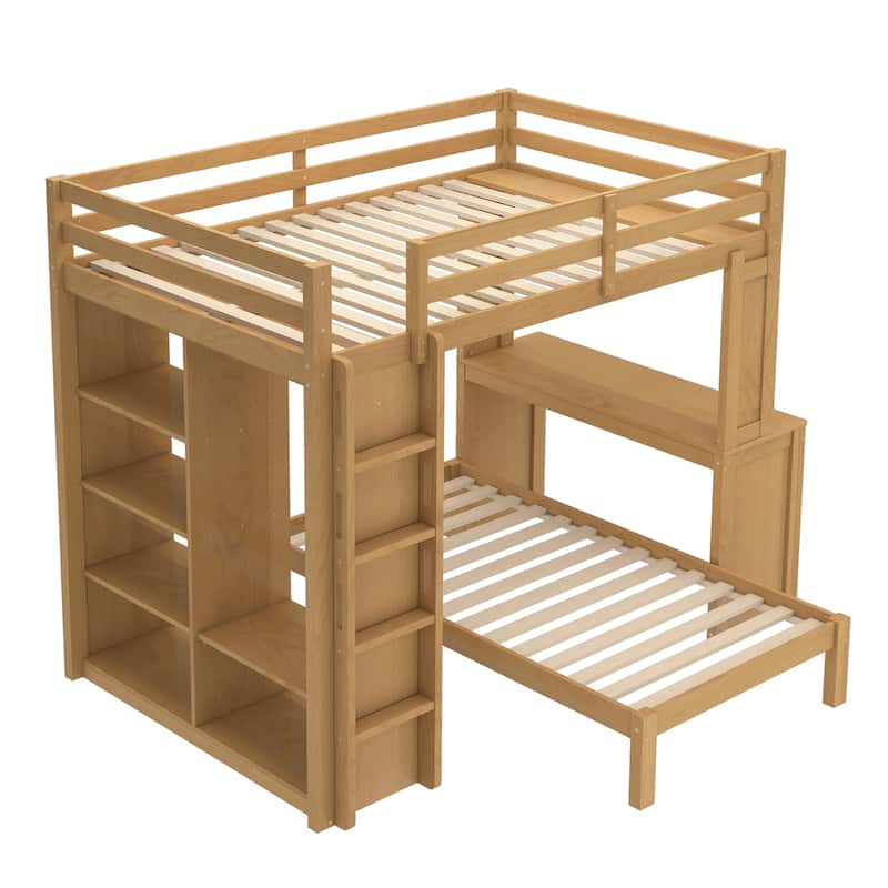 Full Over Twin Bunk Bed with Built-in Desk, Shelves and Wardrobe, Wood Bunk Bed Frame with Platform Bed and Loft Bed