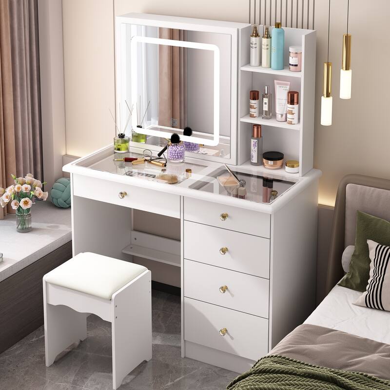Smart Vanity Design,Sliding Mirror,and Noise-Free Drawer Dresser Table - 39.4"W
