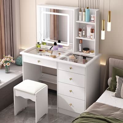 Smart Vanity Design,Sliding Mirror,and Noise-Free Drawer Dresser Table - 39.4"W