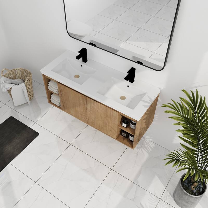 GDFStudio - Landon Modern 48 Inch Wall-Mounted Bathroom Vanity with Double Resin Sink and Soft-Close Doors - 48 inch
