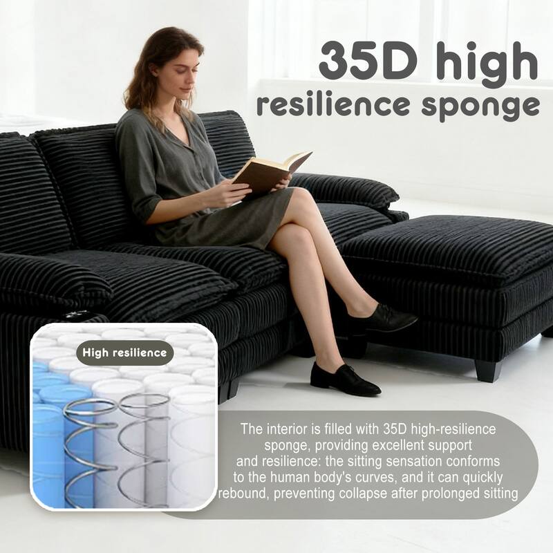 L-Shaped Modular Sectional Sofa with Ottoman, Oversized Corduroy Upholstered Cloud Couch with Cup Holders & Side Pockets - Black