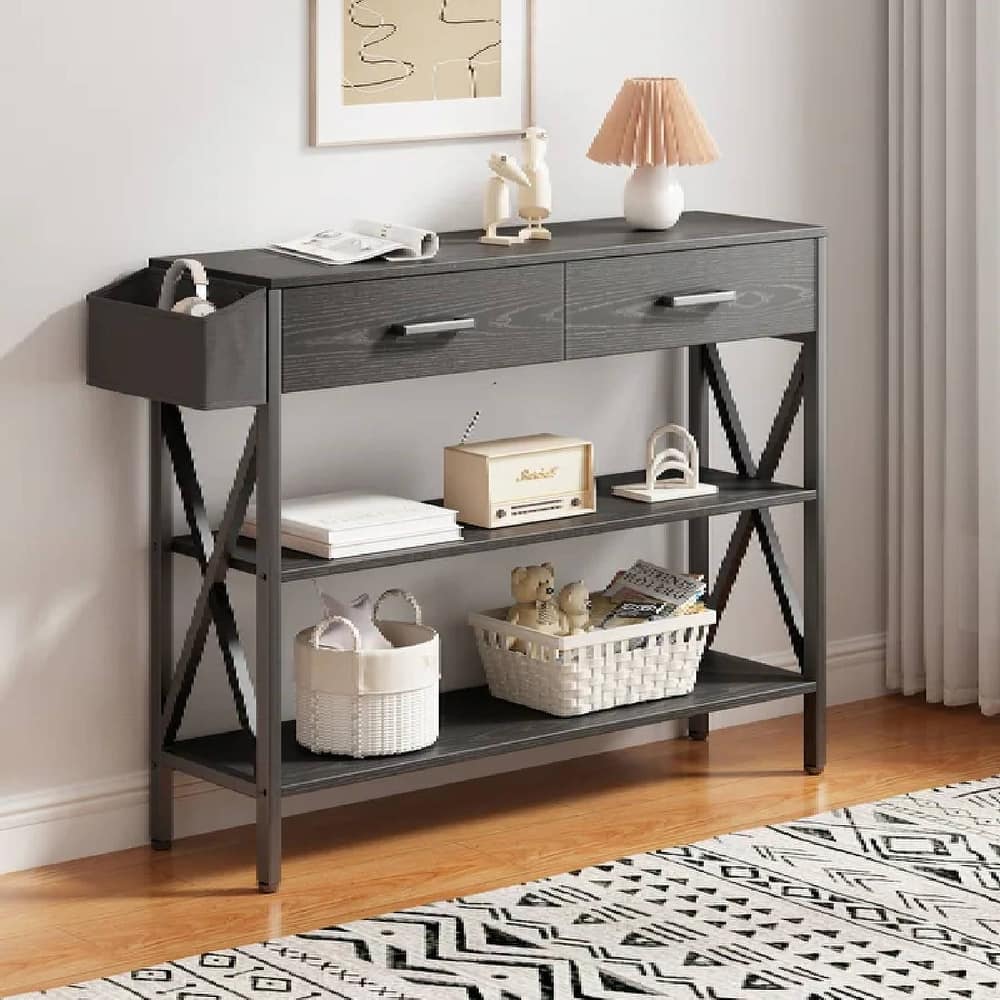 Multi-function Console Table with 2 Drawers, Entryway Sofa Table with 3 Tier Storage Shelves