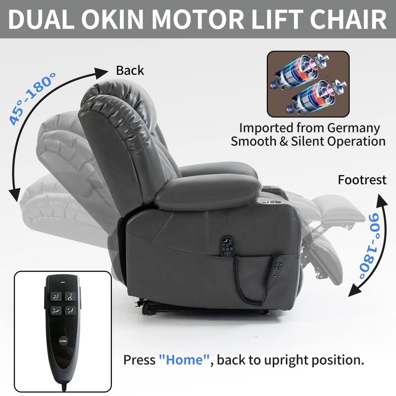 Roomfitters Dual Motor Power Lift Recliner Chair with 180 Degree Flat Recline Heat Massage Sofa with Cup Holders, Grey