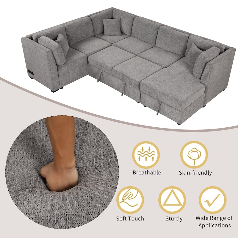 Grey 108.6" Fabric U-Shaped 6-Seat Sectional Sofa with Pull-Out Bed and Storage Chaise, USB Ports and Power Outlets