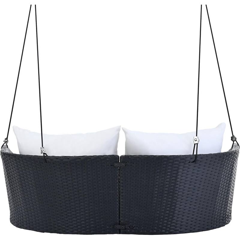 Roomfitters 2-Person Hanging Seat, Rattan Woven Swing Chair, Porch Swing with Ropes, Gray Wicker and Cushion