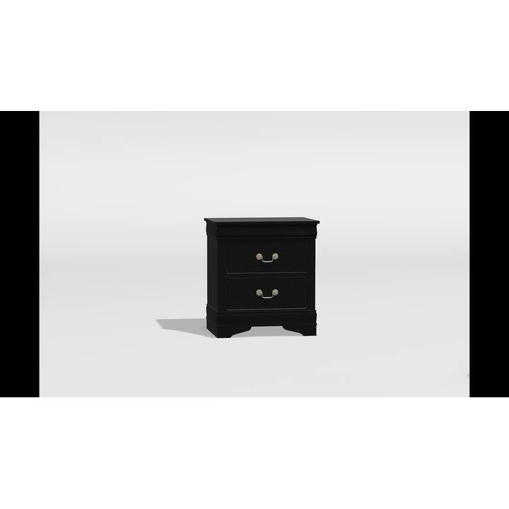 Black Solid Wood Nightstand with Antique Brass Pulls and Drawers