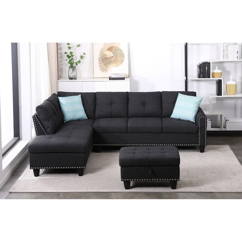 4-piece Modular Sectional Sofa with Storage Ottoman and Pillows - Charcoal Grey