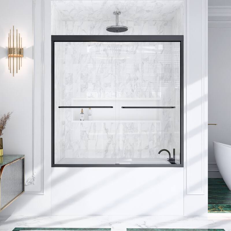 GDFStudio - Modern Minimalist Semi-Frameless Double Sliding Shower Door with 1/4" SGCC Tempered Glass & Stainless Steel Handle