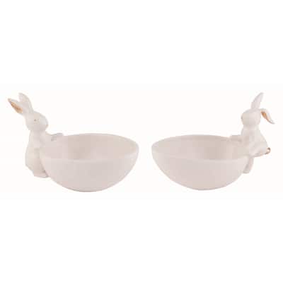 Transpac Dolomite Ceramic White Gold Accent Easter Decorative Bunny Egg Bowls Set of 2 Easter Home Decorations