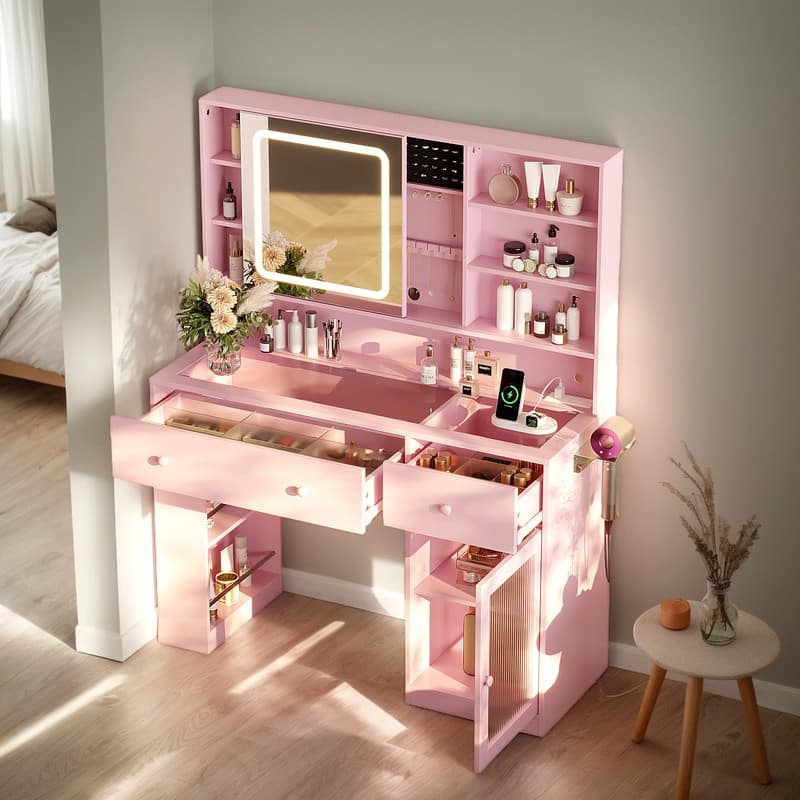 Particle Board Veneered , 2 Drawers, 1 Glass Door, Left and Right 2-tier Shelves, Glass Tabletop, Dressing Table - N/A