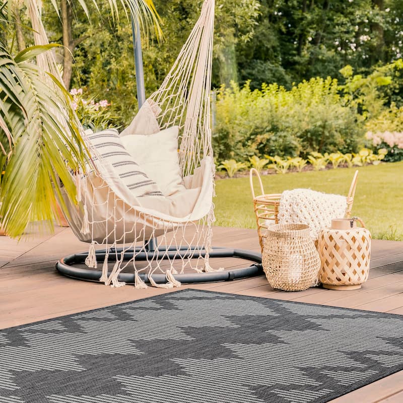 Beverly Rug Dark Grey Geometric Indoor Outdoor Rug, Outside Carpet for Patio, Deck, Porch
