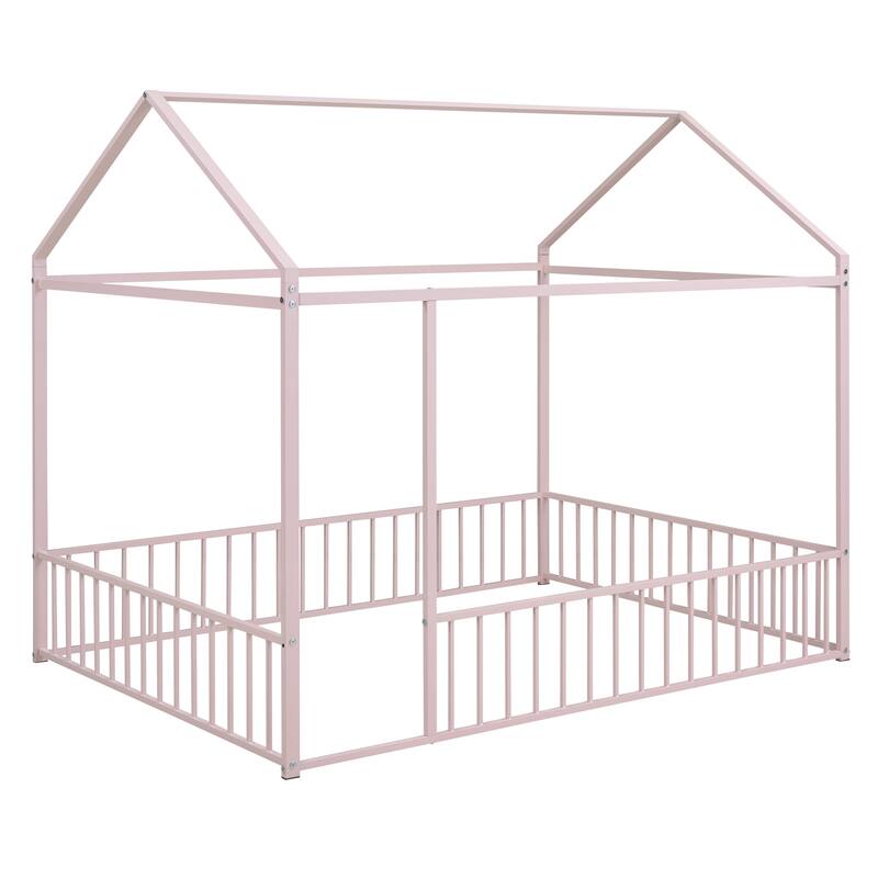 Roomfitters Full Size Metal Bed House Bed Frame with Fence, for Kids, Teens, Girls, Boys