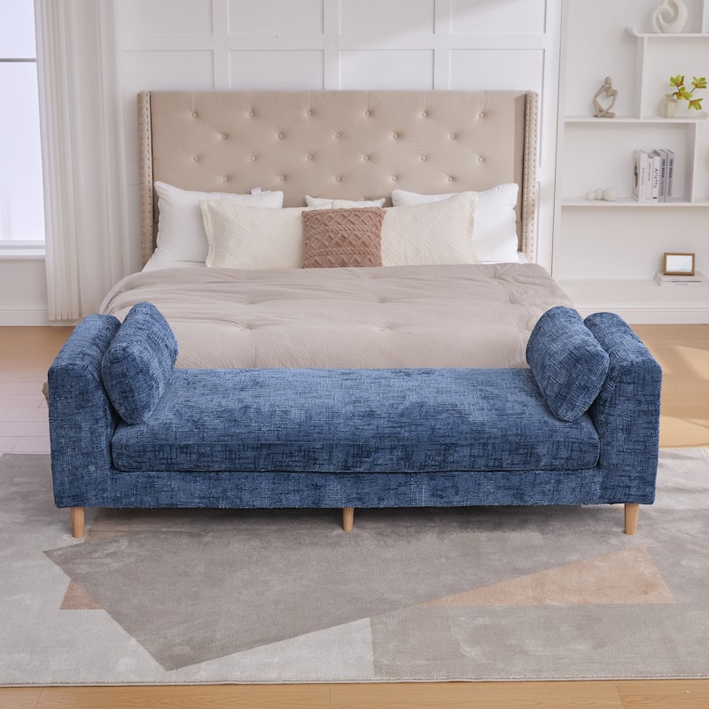 Modern 83.1" Upholstered End of Bed Bench with Armrests, Chenille Accent Reading Bench with Pillows and Wood Legs for Bedroom