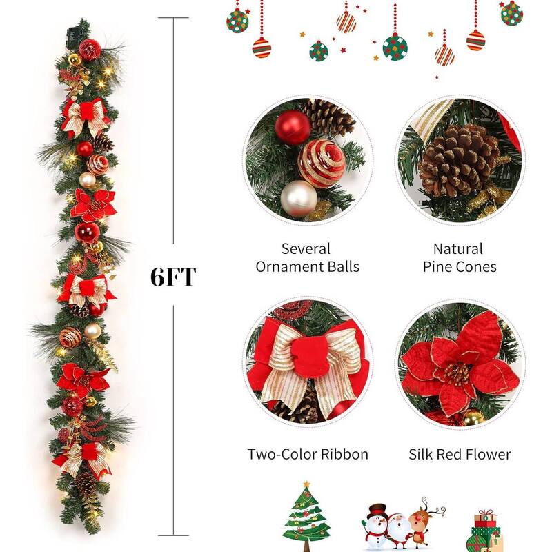 6 feet Pre-Lit Christmas Garland with Lights for Mantle Christmas Decor - N/A