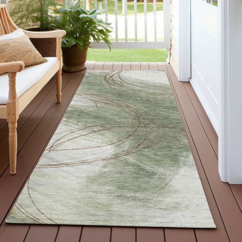 Machine Washable Indoor/ Outdoor Abstract Modern Chantille Rug - Aloe - 2'3" x 7'6"