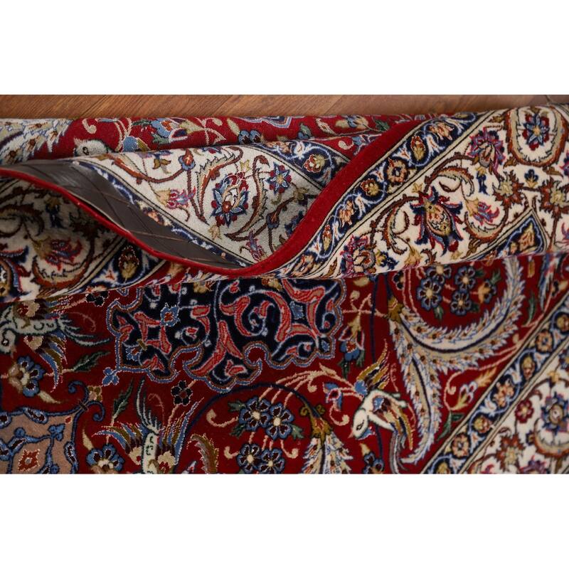 Vegetable Dye Red Wool & Silk Isfahan Persian Rug Hand-Knotted - 3'7"x 5'7"