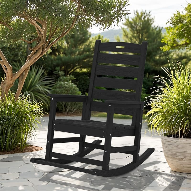 Wide Back PE Rocking Chair with Footrest – 30° Recline, Easy Assembly - Black