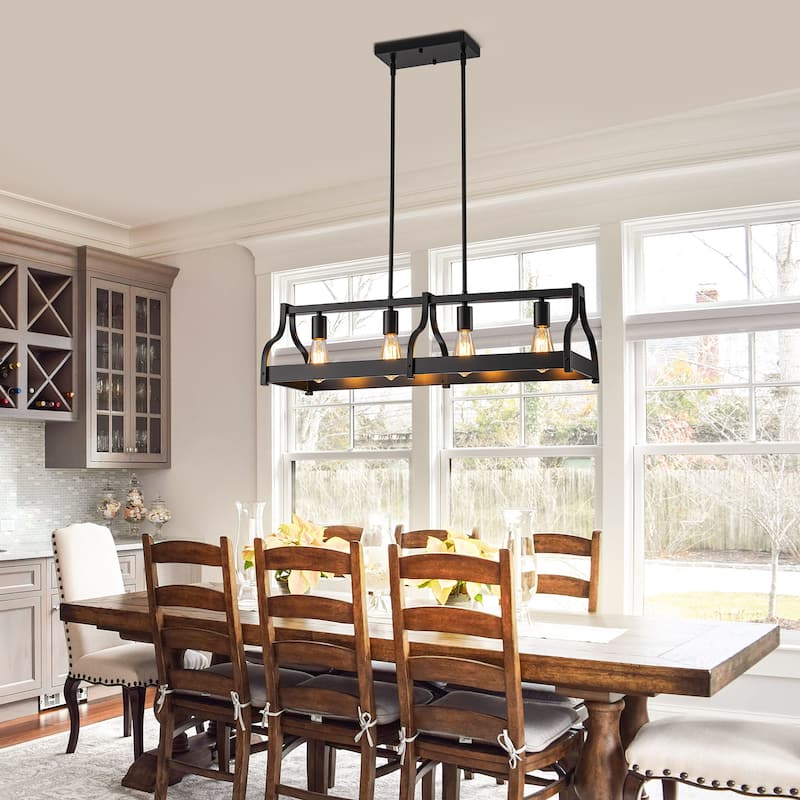 Starsky 4-Light Modern Farmhouse Black Chandelier Wooden Linear Kitchen Island Light