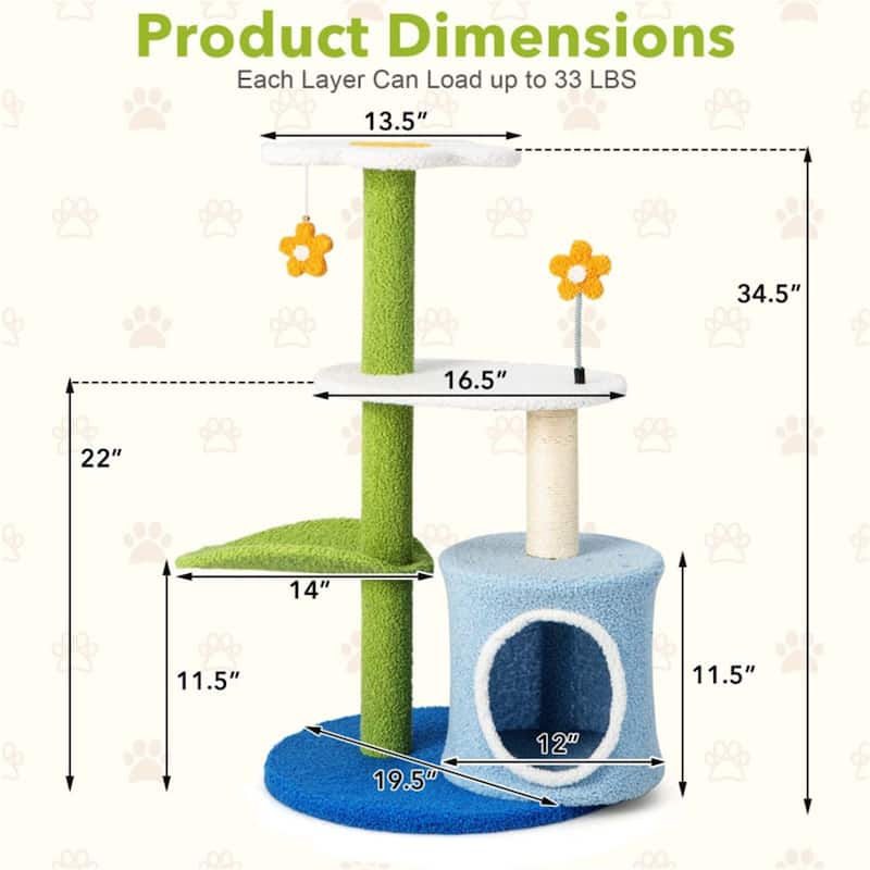 4-Tier Cat Tree with Cozy Perch, Scratching Post & Interactive Toys for Fun & Comfort - 19.5" x 19.5" x 34.5"