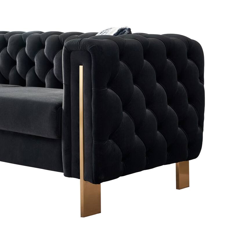 Velvet Tufted Sofa with Gold Metal Legs & Toss Pillows - 84" Width