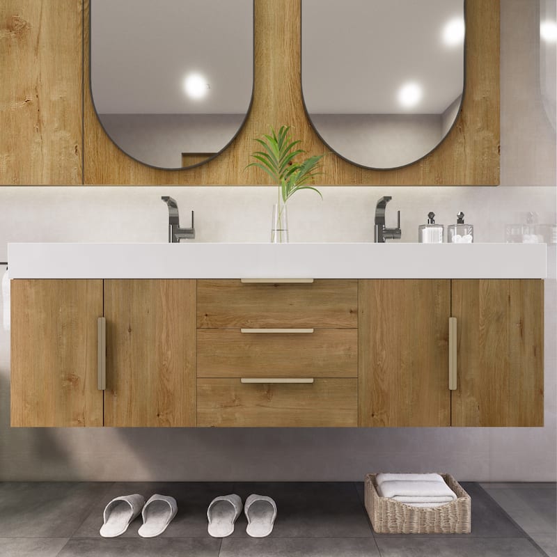 Noble 60" Wall Mounting Vanity with Reinforced Acrylic Double Sink - 60" Width - Wood Finish - Oak