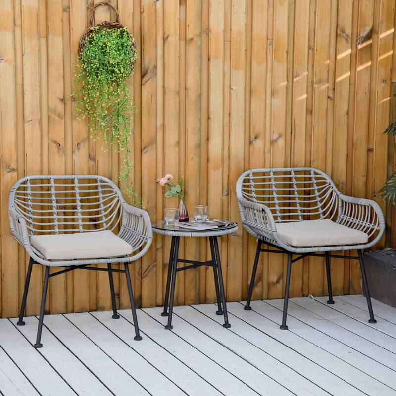 3 Piece Patio Set, Outdoor Bistro Furniture, PE Rattan Wicker Table and Chairs, Cushioned, Hand Woven, Modern Look with
