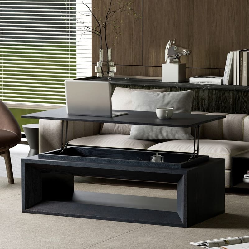 43.3" Lift-Top Coffee Table, Solid Wood Veneer Modern Accent Table with Storage and Adjustable Height - Black