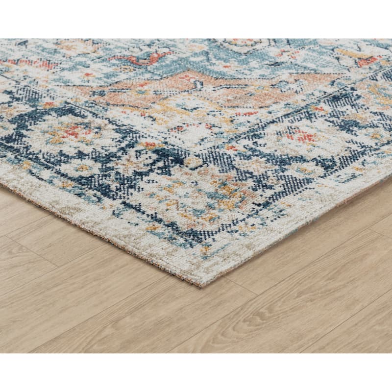 Trellis Cream, navy, beige, rose, blue and red Abstract Indoor/Outdoor Rug