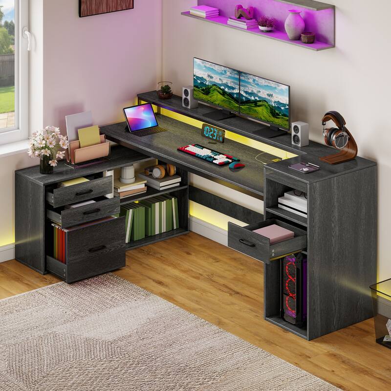 Moasis Farmhouse L Shaped Desk with Drawers, Power Outlets & LED Lights