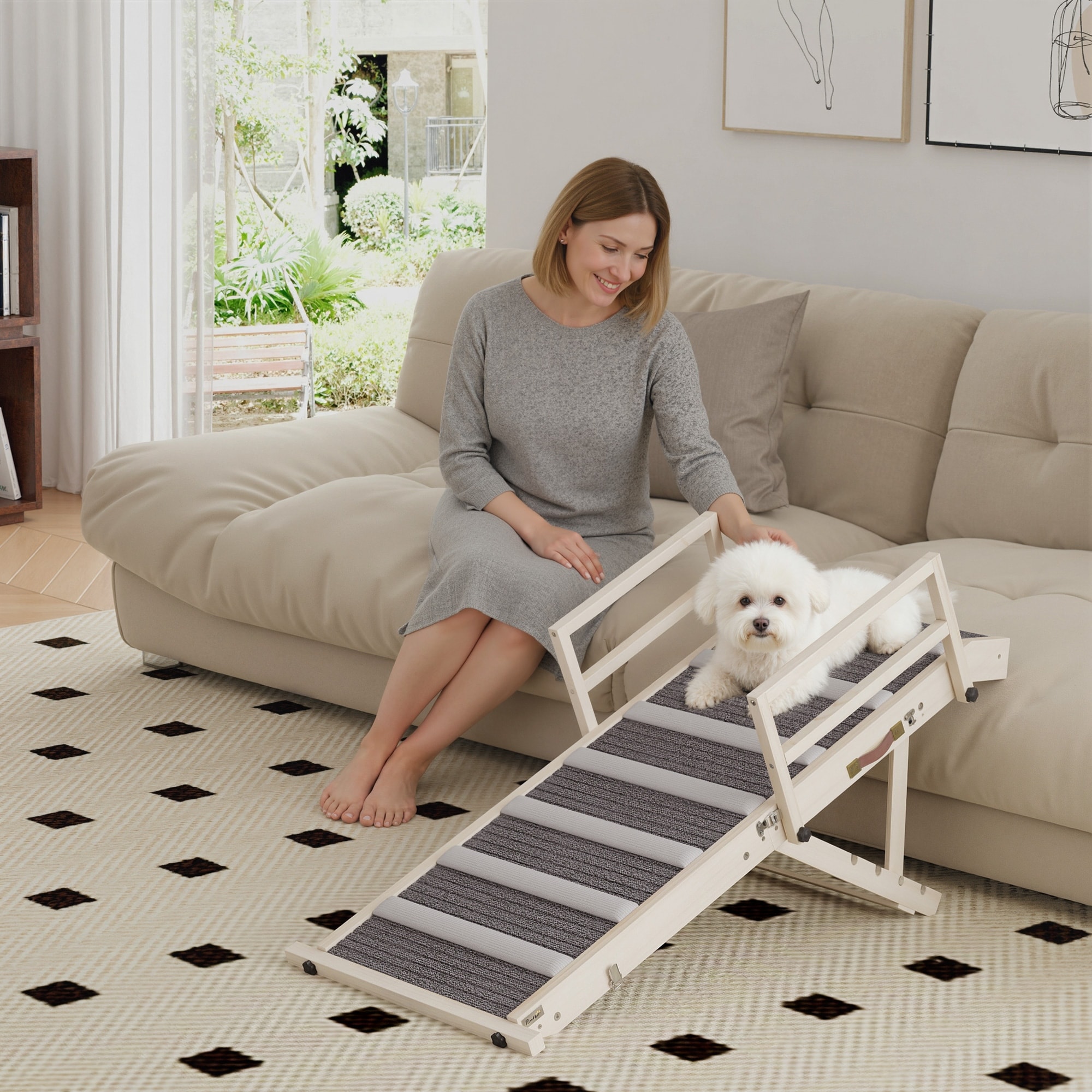 PawHut Dog Ramp for Couch, Folding Pet Ramp for Bed, 4 Adjustable Height from 15" to 19", Non-Slip Traction Mat - Natural
