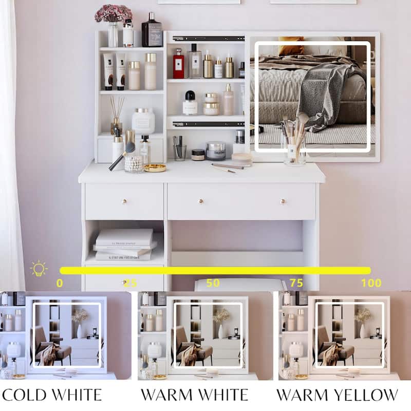 KISRAIS Fashion Vanity Desk with Mirror and Lights, 3 Color Lighting Brightness Adjustable