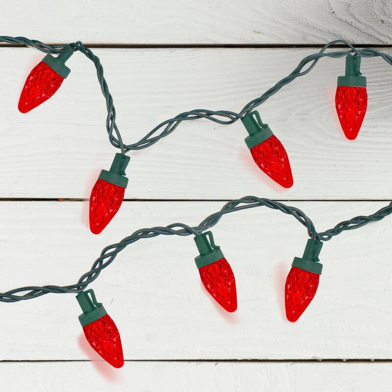 50ct Red LED C7 Faceted Christmas Lights, 21ft Green Wire