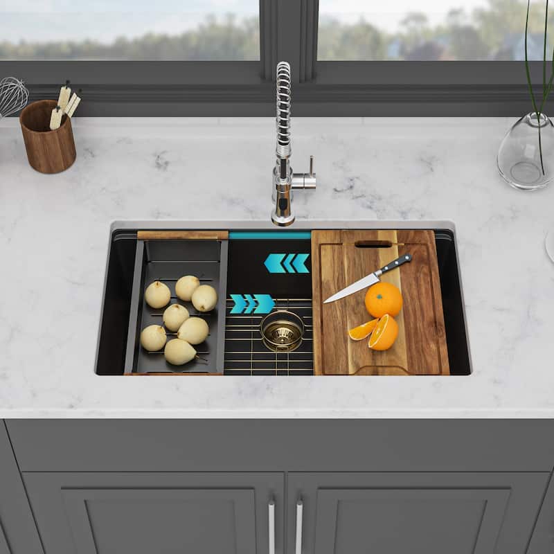 Kitchen Sink - 33" x 19" x 9.65" Black Granite Composite Workstation Undermount Single Bowl Kitchen Sink - Black