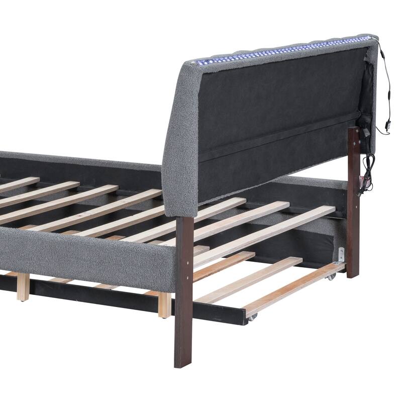Upholstered Platform Bed with Trundle and LED Lights