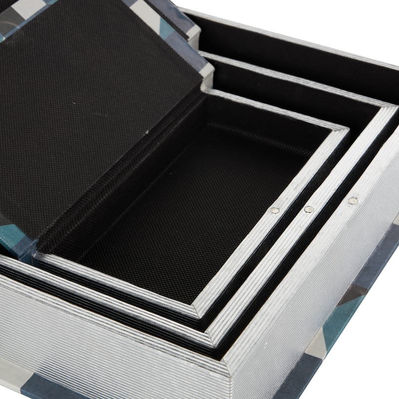 Faux Leather Geometric Faux Book Storage Box with Black and White Accents - Set of 3 Blue - Roche River Decor