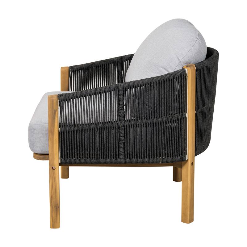 Roomfitters Grotta Outdoor Acacia Wood Club Chair with Rope Woven Back, Teak Finish and Grey