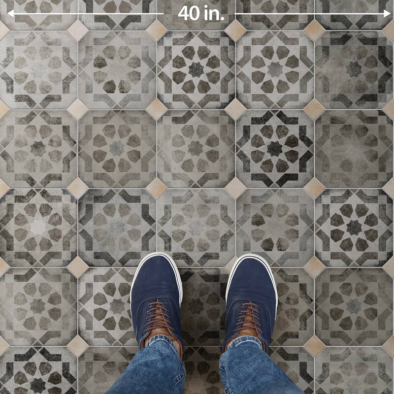 Merola Tile Laverton Octagon Deco Sombra with Taco Arena 7-7/8" x 7-7/8" Porcelain Floor and Wall Tile