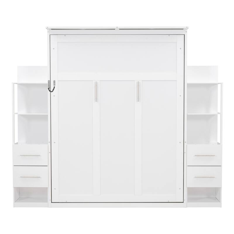 Queen Murphy Bed with Shelves & Drawers - Modern Wall Bed with Built-in LED Lighting, Space Saving Foldable Bed System