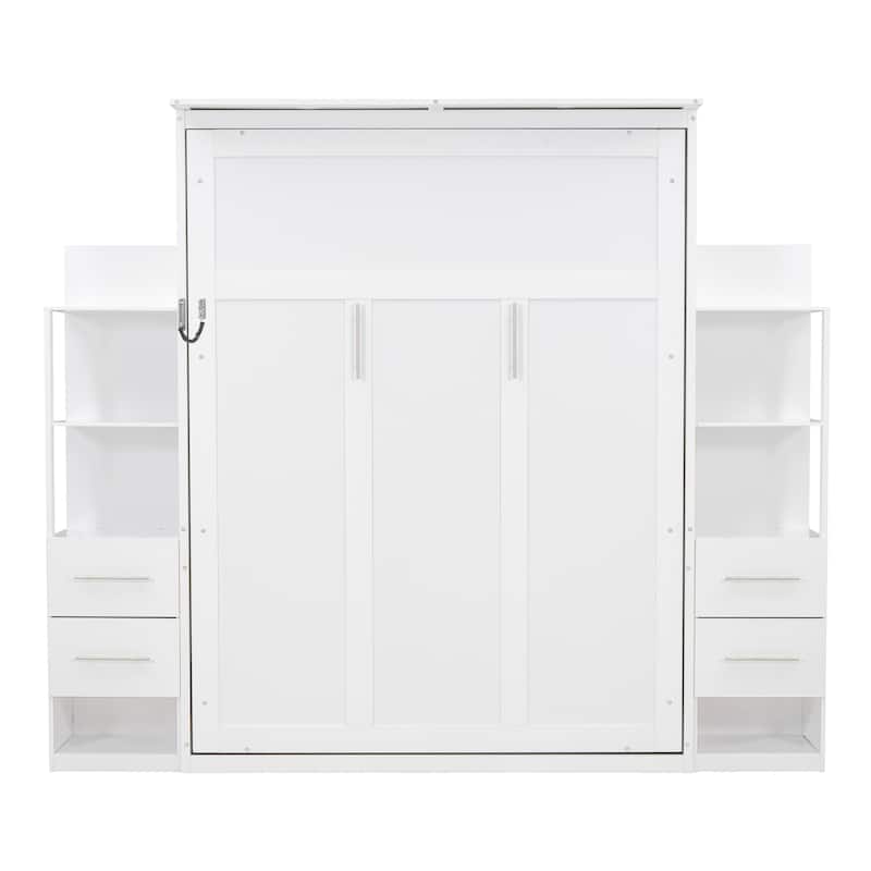 Roomfitters Queen Size Murphy Bed with Shelves, Foldable Wall Bed with Storage and Lighting