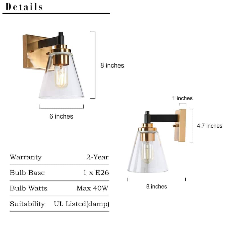 Modern 1-Light Black Gold Glass Wall Sconce Dimmable Bathroom Vanity Lights
